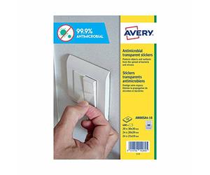 Avery España AM00SA4-10, Adhesivos Antibacterianos Transparentes, Cuadradas, 3 medidas en la misma hoja, Caja de 680 etiquetas