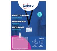 Avery España KIT 4825 Porta Credencial para Eventos Transparente 60x90 mm + 10 Cordones Negros con Gancho + 16 Insertos Microperforados Imprimibles- Apto para Eventos, Congresos y Ferias