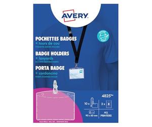 Avery España KIT 4825 Porta Credencial para Eventos Transparente 60x90 mm + 10 Cordones Negros con Gancho + 16 Insertos Microperforados Imprimibles- Apto para Eventos, Congresos y Ferias