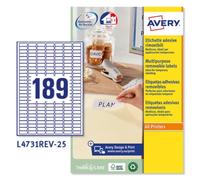 Avery España L4731REV-25 Etiquetas adhesivas papel blanco adhesivo removible sin residuos, 25 hojas A4, rectangulares 25,4x10mm, 189 etiquetas por hoja, adhesivo removible, impresora láser/inkjet