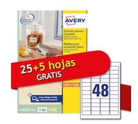 Avery España L4736REV-30P Etiquetas adhesivas papel blanco, adhesivo removible sin residuos, 25 + 5 hojas extra, rectangular 45,7x21,2mm, 48 etiquetas por hoja, impresoras láser e inkjet