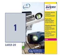 Avery España L6013-20 Etiquetas adhesivas poliéster plata resistente, 20 hojas A4, rectangulares 210x297mm, 1 etiqueta por hoja, adhesivo permanente, impresoras láser