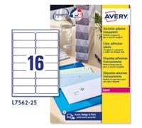 Avery España L7562-25 Etiquetas adhesivas transparente brillante, 25 hojas A4, rectangulares 99,1x33,9mm, 16 etiquetas por hoja, adhesivo permanente, impresoras láser