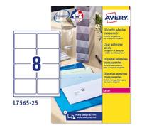 Avery Etiquetas adhesivas L7565-25, transparentes brillantes, 99,1x67,7 mm, Caja 200 etiquetas