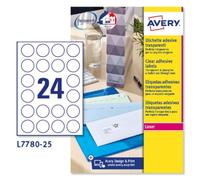 Avery España L7780-25 Etiquetas adhesivas transparente brillante, 25 hojas A4, redondas 40mm, 24 etiquetas por hoja, adhesivo permanente, impresoras láser