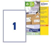 Avery España LR7167-100 Etiquetas adhesivas A4 blancas reciclables (100 etiquetas para direcciones, 199,6x289,1mm 100% recicladas,imprimible, para paquetes) 100 hojas, blanco natural