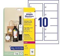 Avery España T2001-10 - Colgantes imprimibles doble cara de cartón bordes lisos, 200 gr, rectangular 80x50mm, caja de 100 colgantes incluye el hilo para colgarlos, impresola láser e Inkjet