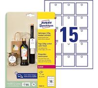 Avery España T2003-10 - Colgantes imprimibles doble cara de cartón bordes lisos, 200 gr, cuadrado 50x50mm, caja de 150 colgantes incluye el hilo para colgarlos, impresola láser e Inkjet