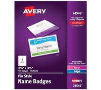 Avery Insignias con nombre de carga superior estilo pin, 2.25 x 3.5 pulgadas, color blanco, caja de 100 (74549)