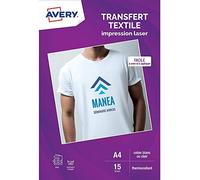 AVERY - Juego de 3 fundas de 15 transferencias para textiles blancos o claros, tamaño A4, impresión láser