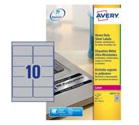 Avery L6012-20 Paquete 20 Hojas Etiquetas Plateadas de Poliéster para Impresoras Láser, 96x50,8 mm, 200 Unidades