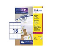 Avery L7161 - Etiquetas de correo de dirección personalizables, imprimibles, impresoras láser, 18 etiquetas por hoja A4, 9000 etiquetas, UltraGrip, color blanco