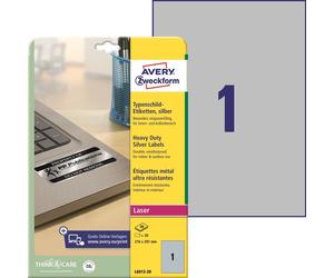 Avery Laserlabel de poliéster plateado 210 x 297 mm, 20 unidades.