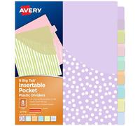 Avery Separadores de bolsillo insertables para carpetas de 3 anillos, 8 pestañas, pestañas grandes pastel, patrones clásicos, se expande más allá de protectores de hojas, ideal para organizar informes