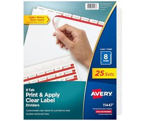 Avery Separadores de carpetas de 8 pestañas, tira de etiquetas transparente de fácil impresión y aplicación, fabricante de índices, pestañas blancas, 25 juegos (11447)