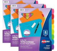 Avery Separadores de carpetas duraderos con pestañas, juego de 8 pestañas de colores surtidos, 3 separadores de carpetas de plástico para escribir y borrar (paquete de 3)