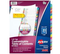 AVERY Separadores de pestañas de 1 a 31 para carpetas de 3 anillos, tabla de contenido personalizable, pestañas multicolor, 1 juego, 12 paquetes (11846)