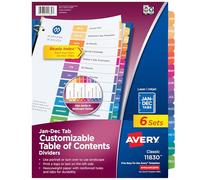 Avery Separadores mensuales para carpetas de 3 anillos, tabla de contenido personalizable, pestañas multicolor, 6 juegos (11830)