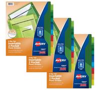 Avery Separadores para carpetas de 3 anillos, separadores de carpetas de 8 pestañas, separadores de carpetas de plástico de dos bolsillos, pestañas grandes insertables, multicolor, 3 juegos (71907)