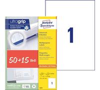 AVERY Zweckform 6603 Etiquetas universales (50 + 15 etiquetas adhesivas extra, 210 x 297 mm en A4, papel mate, etiquetas imprimibles, etiquetas autoadhesivas con ultra agarre), 65 hojas, color blanco