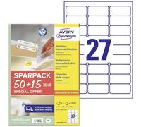 AVERY Zweckform L4737REV-65 Etiquetas universales (1350 más 405 etiquetas adhesivas extra, 63,5 x 29,6 mm en A4, despegable/despegables, imprimibles, autoadhesivas), 65 hojas, color blanco