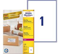 AVERY Zweckform LR7167-100 Recycled Labels 199.6 x 289.1 mm 100 Sheets Self-Adhesive Printable Matte Paper 100% Recycled Paper Blue Angel Natural White