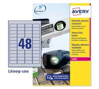 Avery España L6009-100 Etiquetas adhesivas poliéster plata resistente, 100 hojas A4, rectangulares 45,7x21,2mm, 48 etiquetas por hoja, adhesivo permanente, impresoras láser