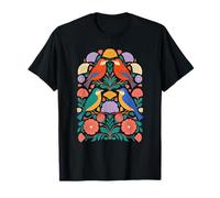 Aves Folk Art Simetría Floral Patrón Naturaleza Escandinava Camiseta