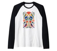 Aves Folk Art Simetría Floral Patrón Naturaleza Escandinava Camiseta Manga Raglan