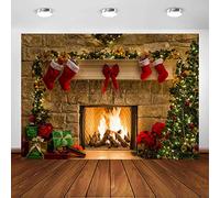 Avezano Fondo de chimenea de Navidad de 8 x 6 pies, calcetines de Navidad, decoración de árbol de regalo, suministros de fiesta, chimenea de víspera de Navidad, fondo de fotografía