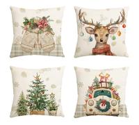 Avezano Juego de 4 fundas de cojín de Navidad de invierno de 45 x 45 cm, diseño retro de ciervo y árbol de Navidad, para decoración del hogar, para sofá, cama, decoración del hogar