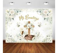 Avezano Mi Bautizo - Telón de fondo con diseño floral blanco para bautizo, primera comunión, bautizo, baby shower, fiesta, fotografía, decoración de fondo para cabina de fotos (8 x 6 pies)