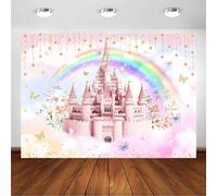 Avezano Telón de fondo de castillo para niña, arcoíris, nube, princesa, fondo de cumpleaños, castillo rosa, fiesta de cumpleaños, fotografía, decoración de fondo para cabina de fotos (7 x 5 pies)