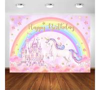 Avezano Telón de fondo de cumpleaños de unicornio para niñas, arcoíris, unicornio, pastel, nube, castillo, telón de fondo de unicornio, fondo de fotografía, decoración de cabina de fotos (7 x 5 pies)