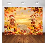 Avezano Telón de fondo de espantapájaros de otoño, arroz, calabaza, hojas de arce, heno, balas, fondo de fotografía, otoño, Acción de Gracias, cosecha, bandera, decoración, suministros de fiesta