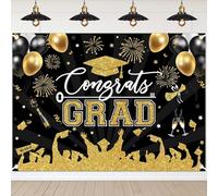 Avezano Telón de fondo de graduación, decoraciones de fiesta de graduación, dorado y negro, clase de 2023, accesorios de pancarta de fondo para sesión de fotos (dorado, 8 x 6 pies)