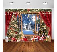 Avezano Telón de fondo para fotos de ventana de Navidad, luna llena, noche, árbol de Navidad, reno, cortina roja, fondo familiar, decoración de fiesta, retrato, telón de fondo para cabina de fotos (7