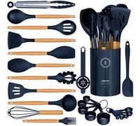 AVGPD - Juego de utensilios de cocina de silicona para cocinar con asas de madera, resistentes al calor hasta 230.0 °C, utensilios de cocina antiadherentes, sin bisfenol A (azul marino)