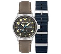 AVI-8 Hawker Hurricane Mckellar - Reloj de doble hora para hombre de 44 mm con correa de cuero AV-4101, Gris ceniza, Correa