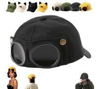Aviator Style Baseball Cap with Integrated Goggles,Retro Pilot Style Hats | Canvas Baseball Cap with Attached Goggle Sunglasses,Vintage Pilot Cat Ear Beanie,Hip Hop Peaked Cap,Detachable Unisex Fit