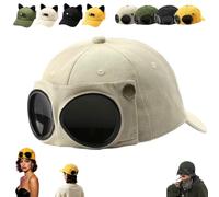 Aviator Style Baseball Cap with Integrated Goggles,Retro Pilot Style Hats | Canvas Baseball Cap with Attached Goggle Sunglasses,Vintage Pilot Cat Ear Beanie,Hip Hop Peaked Cap,Detachable Unisex Fit
