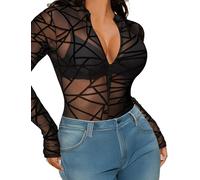 Avidlove - Body sexy de mujer con puntada y malla, elegante bodysuit con cremallera, blusa de manga larga, camiseta para fiesta, outfit rave, ropa para club, XXL