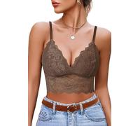 Avidlove - Camiseta sexy de encaje para mujer, estilo bralette, con tirantes de espagueti, con escote en V, sujetador, estilo crop, básica, sin mangas, para festivales, conjunto, marrón, XL