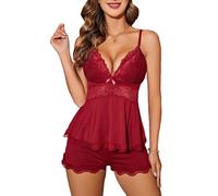 Avidlove - Conjunto de Pijama para Mujer, Encaje Corto, lencería y Ropa de Dormir Sexy para salón, Conjuntos de Vino, Rojo, XL