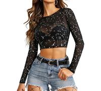 Avidlove Mujeres Crop Tops Slim Fit Camiseta de Manga Larga Top básico Camisas Casuales Y2K Blusa Ajustada Ropa de Moda Verano Fiesta Club Reino Unido Negro/Estrella L