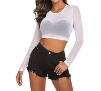 Avidlove Tops Cortos para Mujer Camiseta de Manga Larga Ajustada Top básico Camisas Casuales Y2K Blusa Ajustada Ropa de Moda Summer Party Club UK Blanco XXL