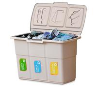 Avilia Cubo de basura con 3 compartimentos para recogida selectiva de residuos de 25 l, color pardo - 75 l en total, diseño compacto, tapas abatibles, plástico resistente, ideal para casa y oficina