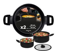 Avilia Juego de 2 cacerolas de aluminio con tapa de cristal 20/24 cm negro - Asas ergonómicas seguras y cómodas - Tapa de cristal con borde de silicona firmes y resistentes - Fondo antideslizante