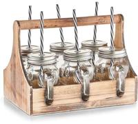 Avilia Juego de Bandeja de Madera con 6 Botellas de Cristal para picnics y Piscinas, 29 x 22,5 x 22,1 cm, marrón