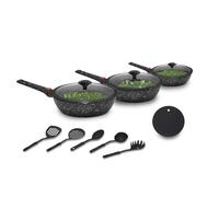 Avilia Juego de sartenes antiadherentes negras de 12 piezas - Efecto piedra con asas extraíbles | Utensilios de cocina con tapas de cristal | Se puede utilizar en inducción, gas y horno